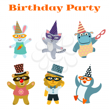 Cute dancing animals on birthday masquerade party. Lion and penguin, cat and hippopotamus, vector illustration