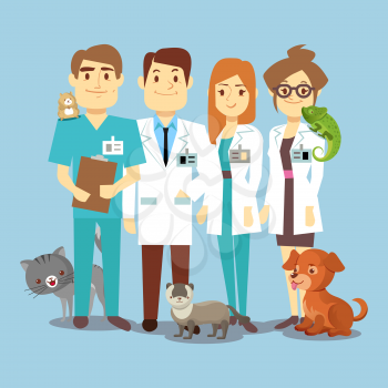 Flat veterinarians staff with cute animals. Veterinary and cartoon animals, vector illustration
