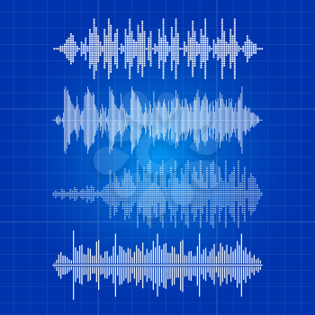 White music waves collection - musical pulse on blue backdrop. Equalizer white sound wave digital, frequency, pulse melody waveform, vector illustration