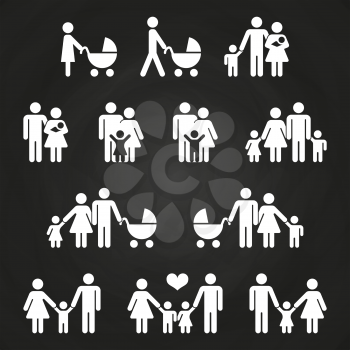 Baby and parents outline icons design - white family pictograms. Vector illustration