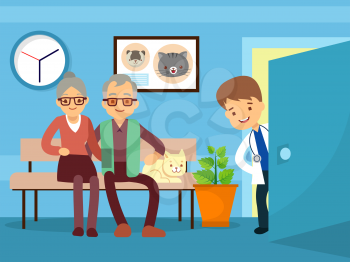 Elderly couple and cat at veterinarian. Veterinary clinic, vector illustration