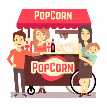 Family buys popcorn from a cute girl seller. Popcorn stand vector, food snack market illustration