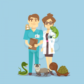 Flat veterinarian and exotic pets isolated on white. Veterinarian medical with snake and lizard. Vector illustration