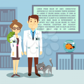 Flat veterinary office with doctors and animals. Medical office hospital, vector illustration