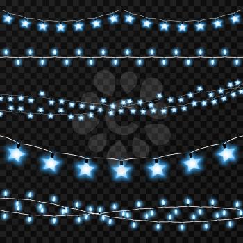 Set of garlands light on a plaid vector transparent background. Greeting glowing string with lamp shine illustration