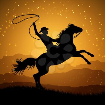 Silhouette of cowboy with lasso on rearing horse. Cowboy man with horse sunrise. Vector illustration