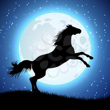 Silhouette of horse on the moon background. Animal in moon light. Vector illustration