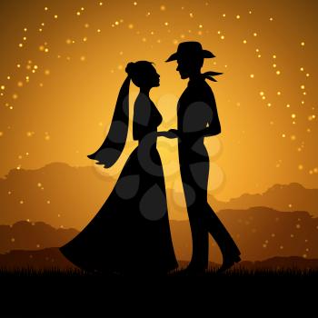 Silhouettes of young woman and cowboy man. Love couple, vector illustration