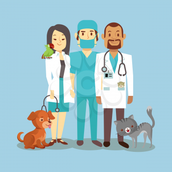 Veterinarian staff with cute pets isolated on blue. Veterinary doctor with animals dog and cat. Vector illustration