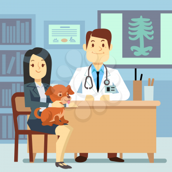 Veterinary office - woman with dog and veterinarian. Doctor clinic with dog pet, vector illustration