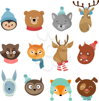 Winter xmas happy animals cartoon characters. Animals heads with neckerchief and hats vector set. Winter character animals illustration