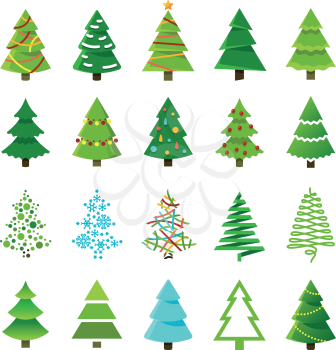 Cartoon abstract christmas trees with gifts and balls vector set. Green christmas tree collection, cartoon holiday tree for celebration xmas and new year illustration