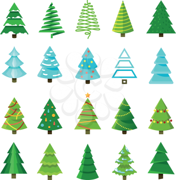 Flat christmas winter trees with festive xmas decoration vector collection. Winter christmas tree set illustration