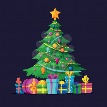 Christmas tree with bulbs, gifts and xmas balls flat vector illustration. Christmas gift and celebration xmas winter, holiday