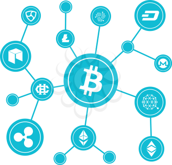 Blockchain blocks with cryptocurrency symbols. Internet money btc market vector concept. Bitcoin digital currency, money virtual cryptography illustration