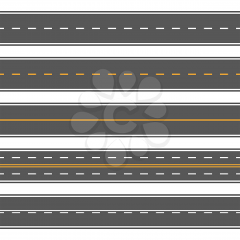 Horizontal straight seamless roads. Modern asphalt repetitive highways. Road asphalt straight seamless, highway street for transportation illustration