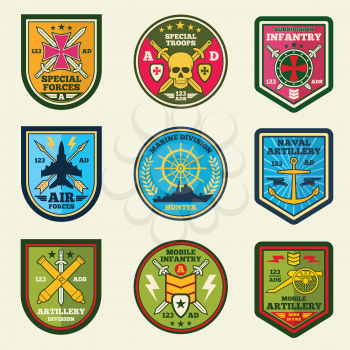 Military patches vector set. Army forces emblems and labels. Military badge and army emblem illustration