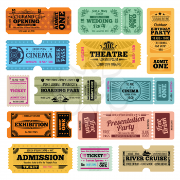 Circus, party and cinema vector vintage admission tickets templates. Collection of retro ticket to cinema, theater and river cruise illustration