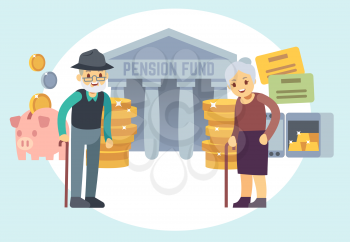 Happy senior old people saving pension money. Characters for retirement plan and personal finance program vector concept. Pension service, retirement planning investment illustration