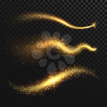 Golden glittering dust tails. Shimmering gold waves with sparkles vector set. Glow wave light, glitter sparkle golden tail illustration