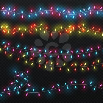 Festive christmas lights. Xmas lighting carnival holiday garlands vector set. Garland decoration for carnival xmas and new year holiday illustration