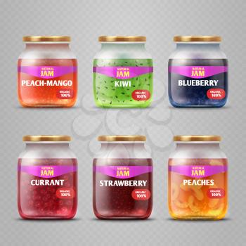 Realistic vector fruit jam glass jars isolated. Colored jam in jar container illustration