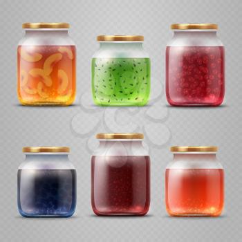 Glass jar with with jam and fruit marmalade vector set. Jar with fruit jam and homemade dessert illustration