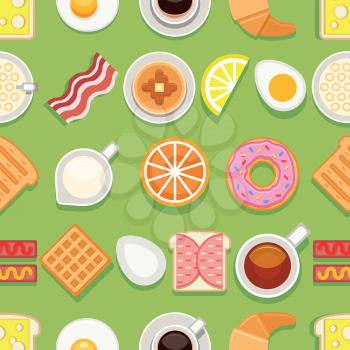 Breakfast seamless texture. Different meals and drinks colored on green background. Vector cartoon style illustration
