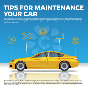 Car mainentance tips vector illustration. Yellow car and line icons on blue background with reflection. Service and repair automobile center