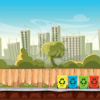 Recycle waste bins with cityscape background. Waste management concept. Recycle trash bin, separation and sorting container. Vector illustration