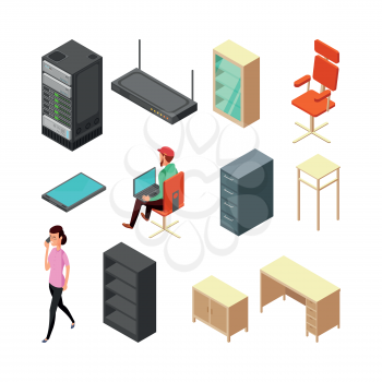 Set of office isometric icons. Server, armchair, table, cupboard and staff. Flat vector illustration. Office armchair and chair, table and router