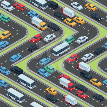 Urban cars seamless texture. Isometric roads and car traffic. Seamless pattern with transport city, vector illustration