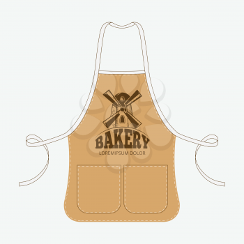 Vintage baker apron with mill emblem template. Logo bakery shop, vector illustration