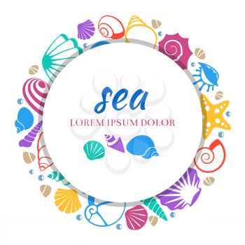 Sea round banner design - colorful seashells concept. Seashell and starfish, color exotic cockleshell, vector illustration