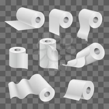 White toilet paper roll and kitchen towels isolated on transparent background. Vector roll paper for toilet and towel for bathroom illustration