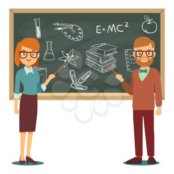Male and female teachers standing in front of blank school blackboard vector illustration. School teacher and chalkboard, profession teaching
