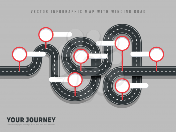 Navigation winding road vector way map infographic on grey background. Road street winding infographic, vector illustration