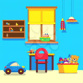 Baby room interior with window, work place and toys collection. Interior baby room with furniture and toys, vector illustration