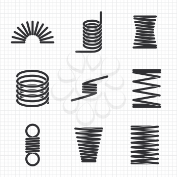 Steel wire flexible spiral coils spring on notebook page. Vector illustration