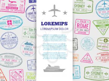 Travel banner with grunge passport stamps background. Vector stamp mark travel and vacation illustration