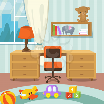 Baby room interior with bed and toys in flat style vector illustration. Playroom interior with table and chair