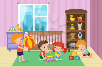 Children playing with toys in playroom of kindergarten vector illustration. Room with boy and girl, kids room in kindergarten