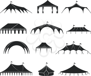 Outdoor shelter tent, event pavilion tents vector icons. Shelter black silhouette, marquee and pavilion canvas illustration