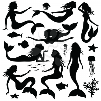 Swimming underwater mermaid black vector silhouettes. Mermaid female with tail black silhouette illustration
