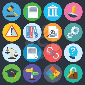 Business regulation, legal compliance and copyright vector flat icons. Law legal regulation, compliance and agreement contract illustration