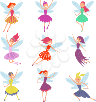 Flying fairy girls with angle wings vector characters set. Girl with wings cartoon illustration