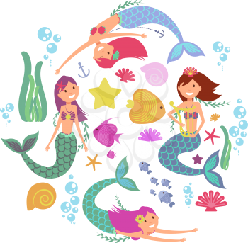 Cartoon swimming mermaids and sea underwater animals vector collection. Cartoon underwater mermaid, fish and sea star illustration