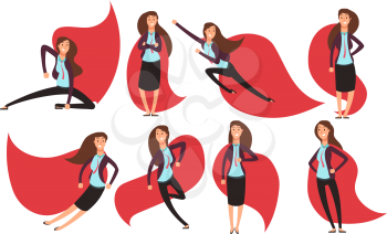 Cartoon businesswoman superhero in red cloak. Different actions and poses superheros character set. Super person lady vector illustration