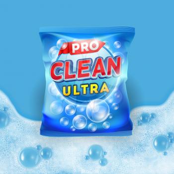 Blue detergent vector design on bag package template with realistic foam on background illustration