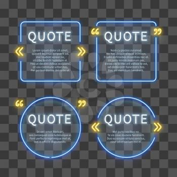 Neon light box 80s frames with quote marks isolated on transparent background. Vector illustration